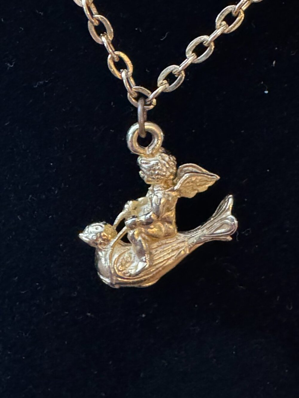 Vintage 1980s Ifa Signed Cherub Riding Dove Necklace Antique Gold Revival View 4